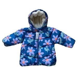 Baby Gap 18-24 Puffer Jacket Sherpa Hood Fleece Lined  Blue Flowers ColdControl